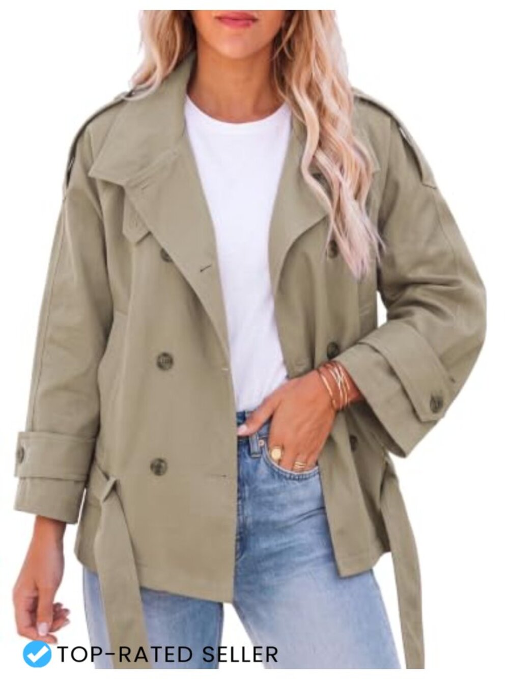 Cropped Trench Coat Double Breasted Belted Raglan Sleeve Women's